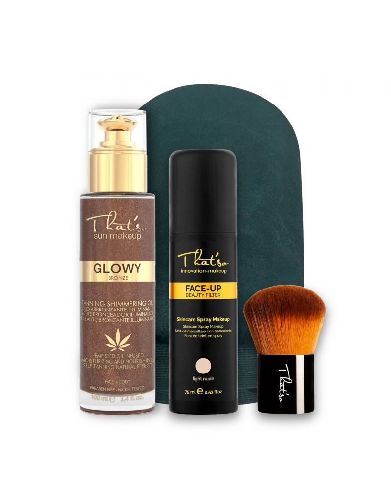 That'so FACE-UP, HD KABUKI BRUSH, GLOWY BRONZE tanning oil with sparkling efect (DHA 5.5%) and DOUBLE USE MITT set