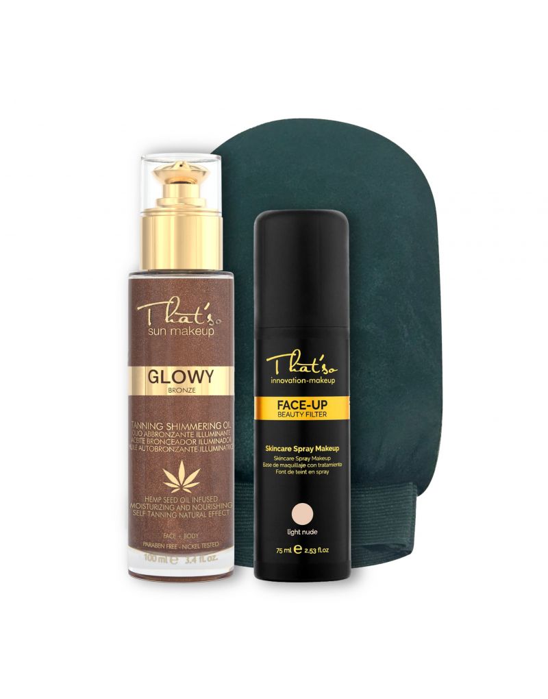 That'so FACE-UP, GLOWY BRONZE tanning oil with sparkling efect (DHA 5.5%) and DOUBLE USE MITT set