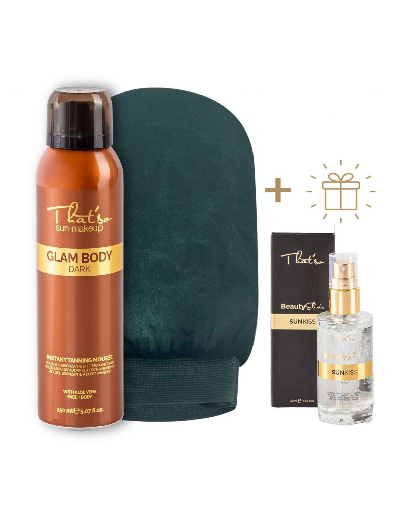 That’so Sun Makeup GLAM BODY MOUSE DARK intense tanning and bronze effect DHA 6%), Double use TANNING MITT + GIFT SUNKISS BEAUTY ELIXIR